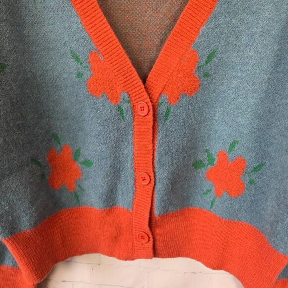 Shein Mod Oversized Cardigan Sweater Size L Blue Orange Floral Retro - Picture 4 of 8